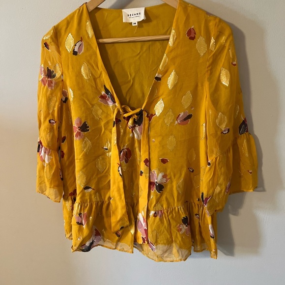 Sézane Anita Silk Blouse in Grands Fleurs Safran Mustard Yellow EU 38 (US 6) - Picture 5 of 13
